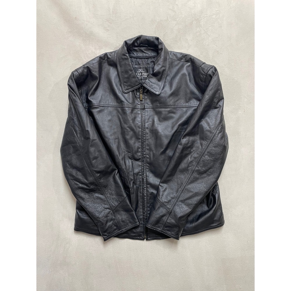 Oscar Piel Perfect Leather Jacket Mens Large Black Y2K Full Zip Quilted Lined